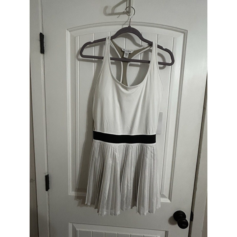 Athleta L Power Serve Tank Dress Tennis White Black Tan Tennis Pickleball